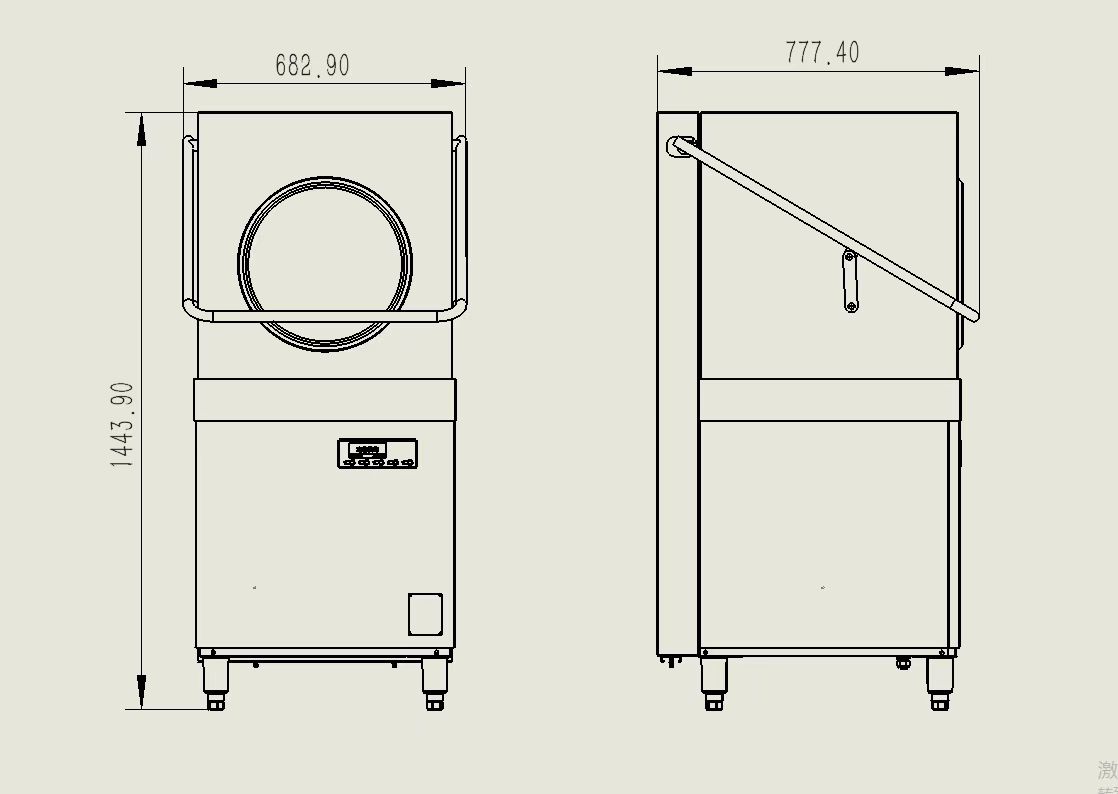 Large hood type commercial dishwasher, stainless steel, one-piece drawn tank, high capacity, for high-volume kitchens.