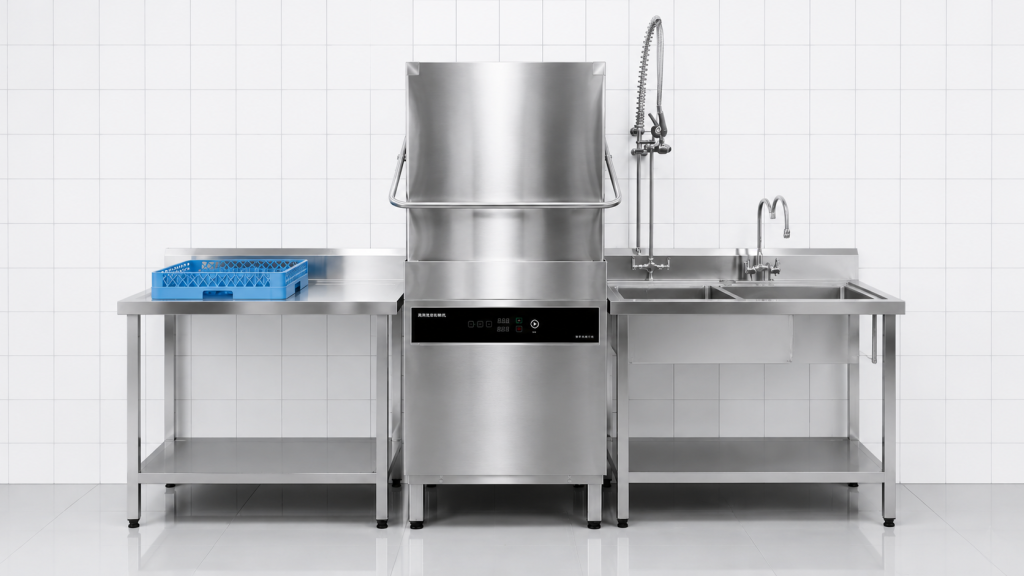 space saving and high efficiency commercial dishwasher with optimized layout⁠